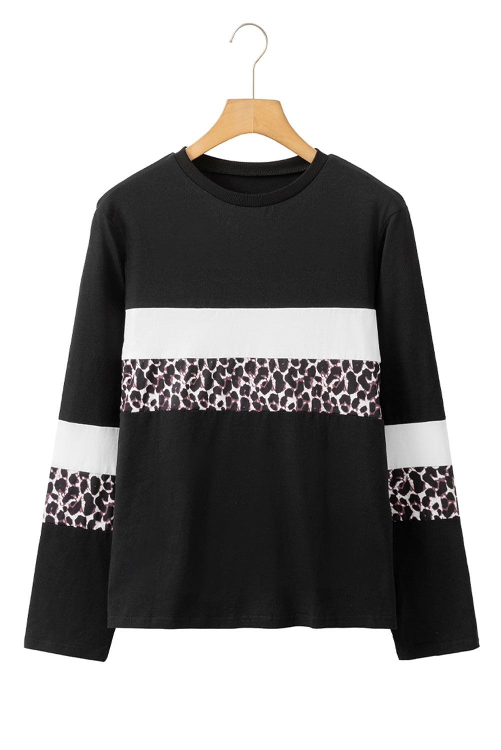 Rose Leopard Colorblock Patchwork Crew Neck Top