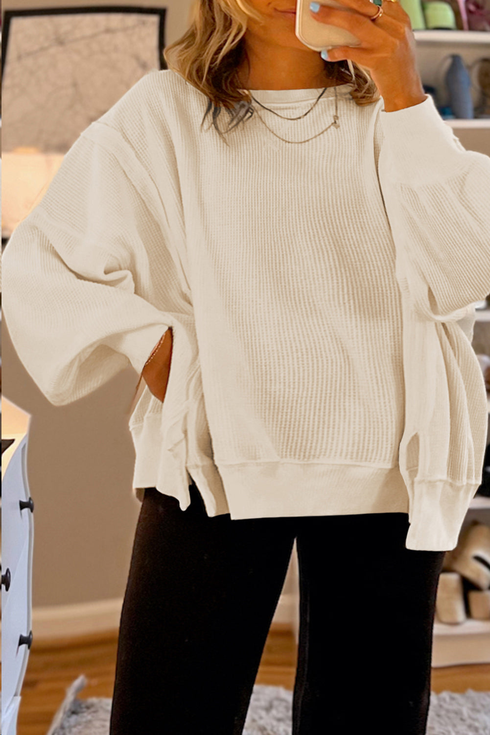 White Solid Color Waffle Drop Shoulder Plus Size Sweatshirt