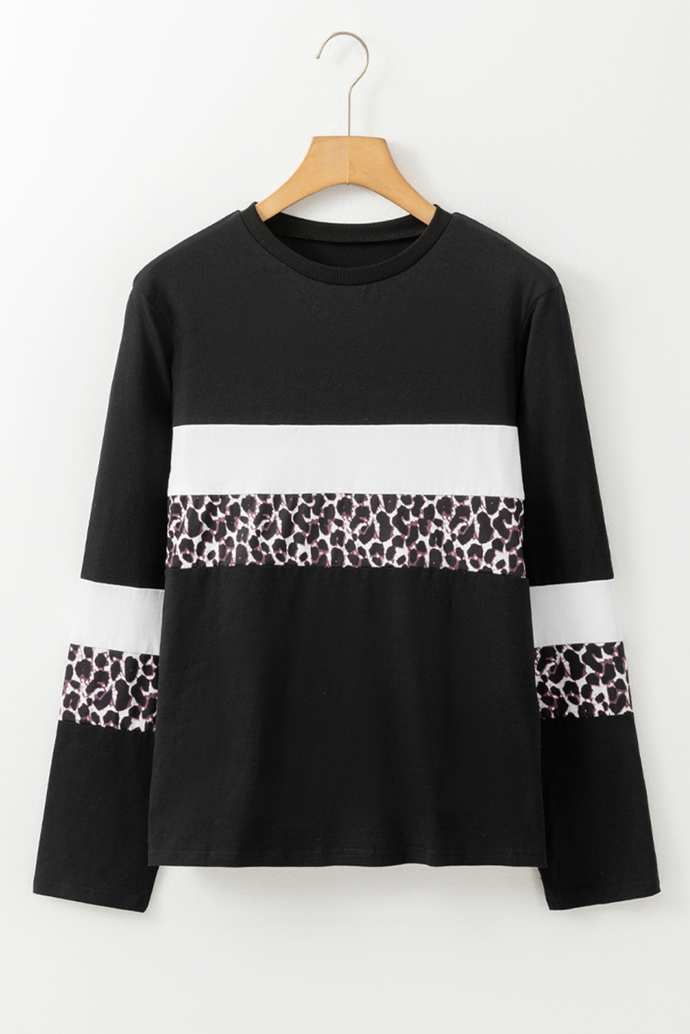 Rose Leopard Colorblock Patchwork Crew Neck Top