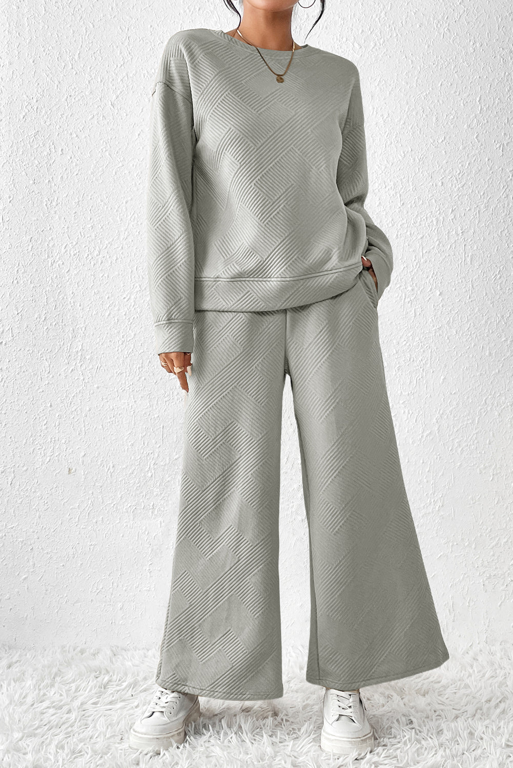 Grass Green Textured Loose Slouchy Long Sleeve Top and Pants Set