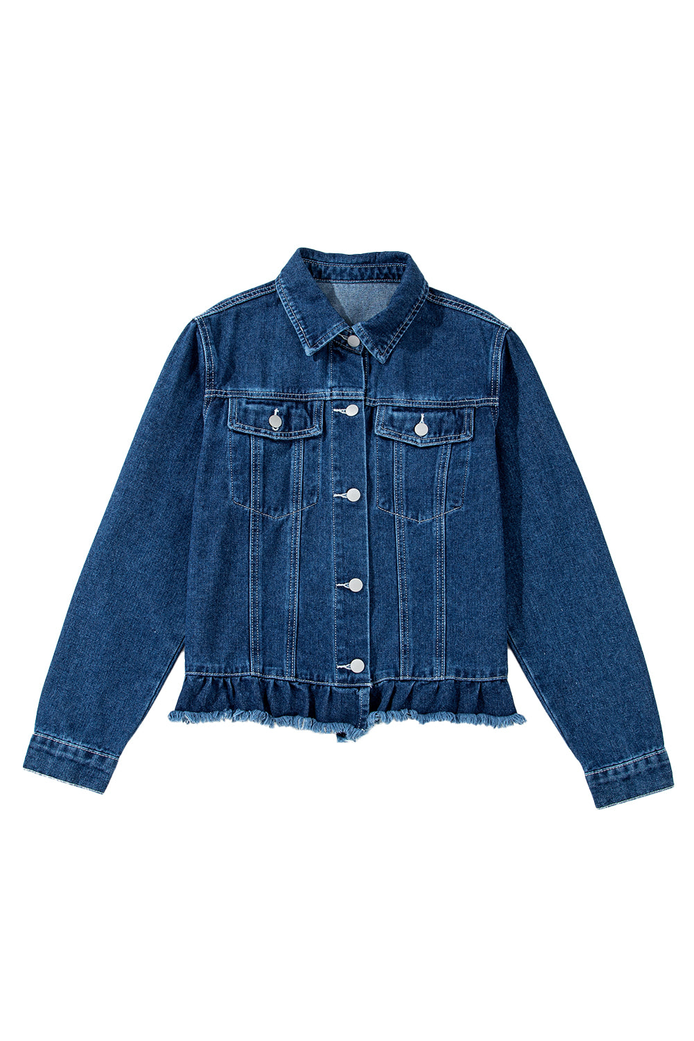 Beau Blue Ruffle Raw Hem Flap Pockets Denim Jacket