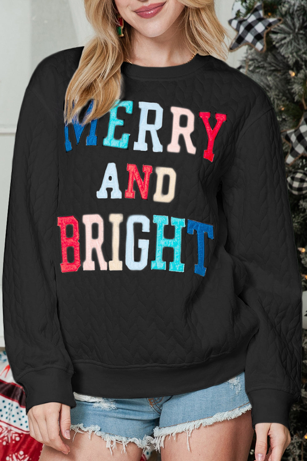 White Merry and Bright Quilted Sweatshirt