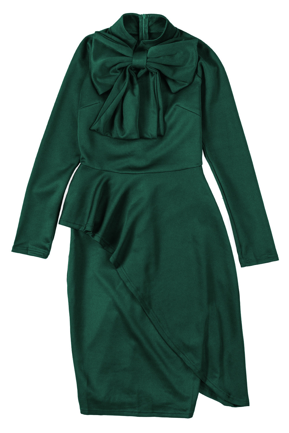 Green Asymmetric Peplum Style Pussy Bow Dress