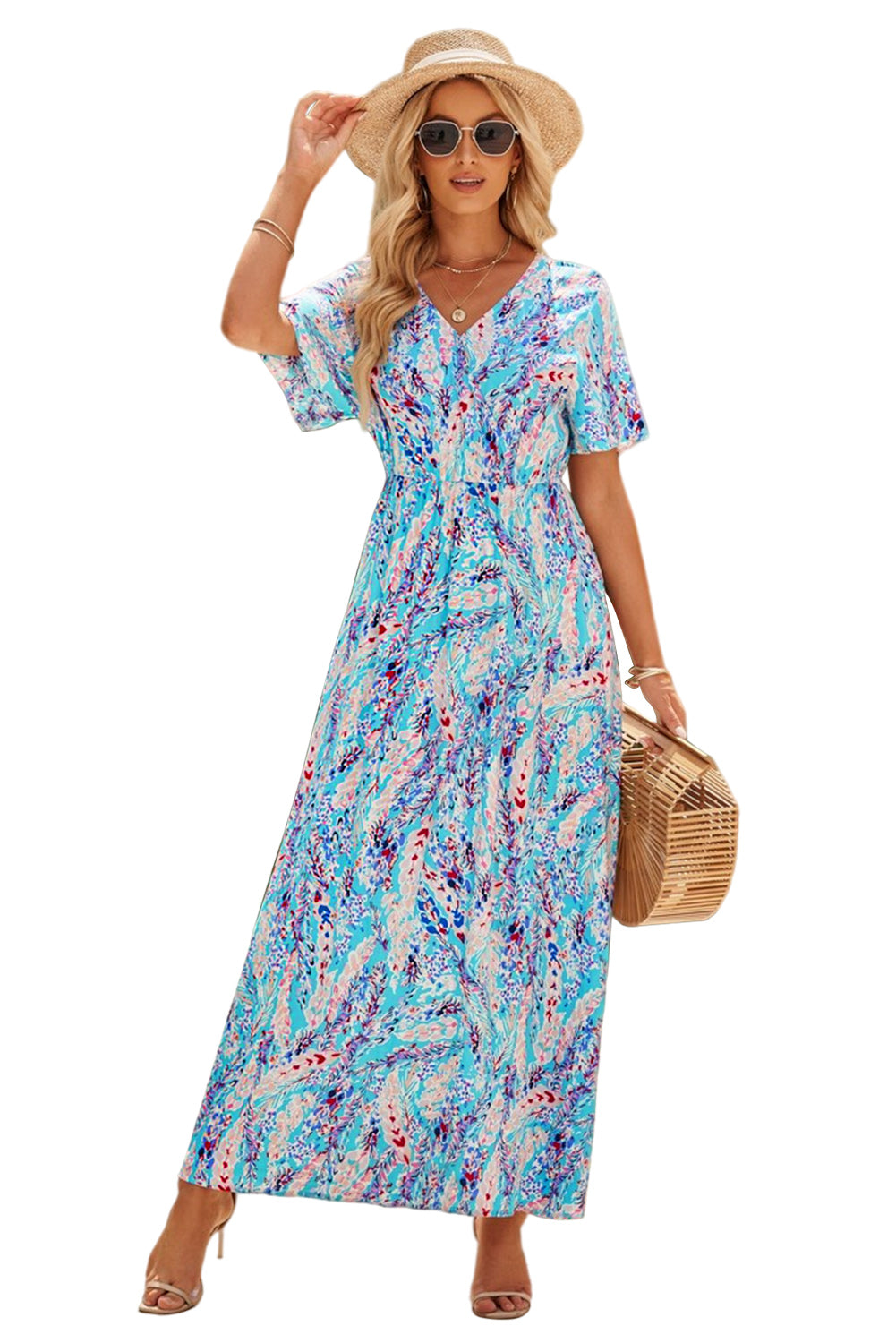 Abstract Print Wrap V Neck Flutter Sleeve Mid Length Dress