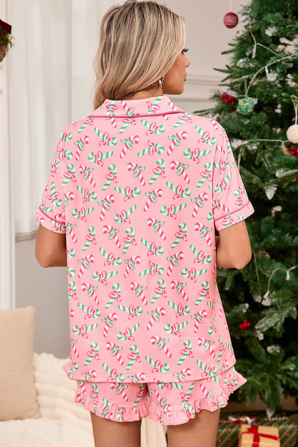 Pink Christmas Candy Cane Print Knotted Pajama Set