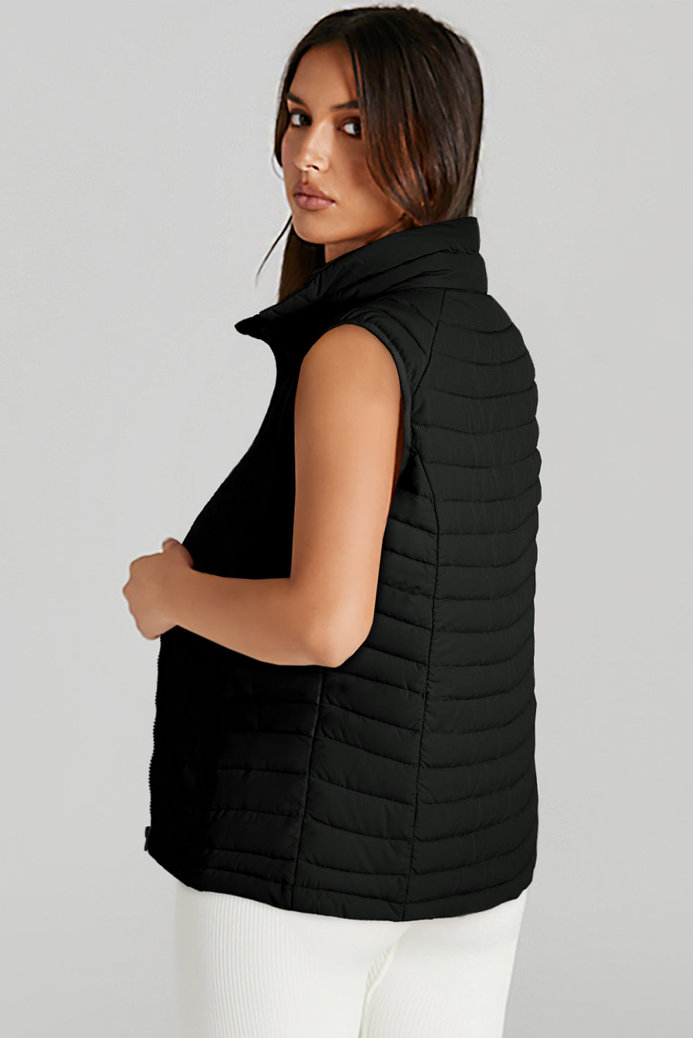 Silvery Plush Collared Quilted Zipped Puffer Vest