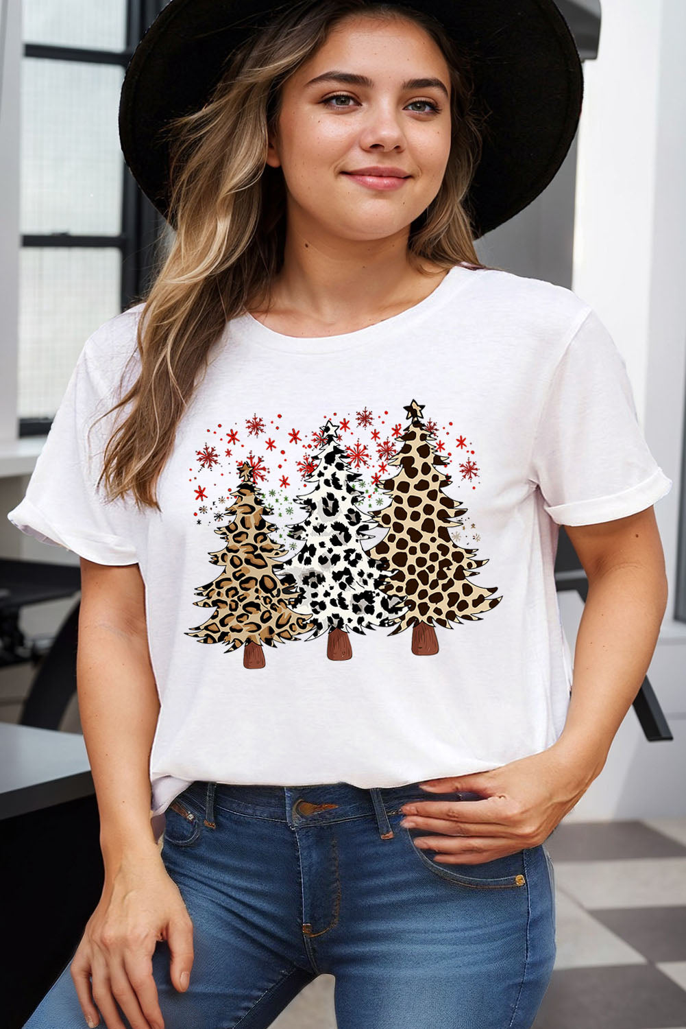 Black Leopard Christmas Tree Printed Plus Size Tee