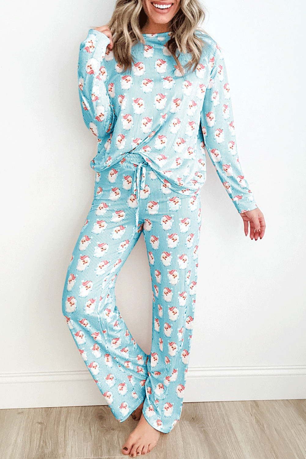 Pink Santa Claus Striped Print Loose Fit Two Piece Loungewear Set