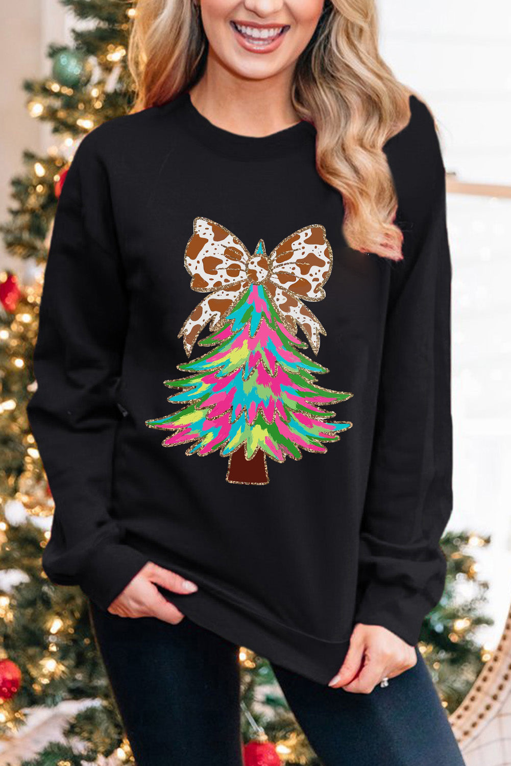 Black Shiny Bowknot Christmas Tree Graphic Round Neck Sweatshirt