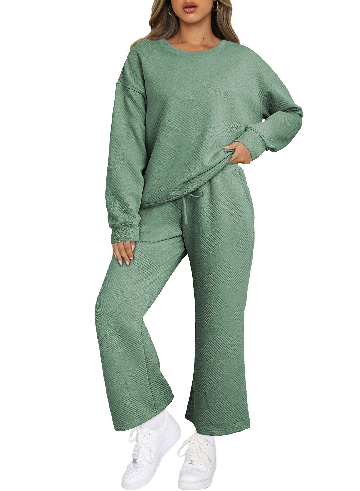 Grass Green Textured Loose Slouchy Long Sleeve Top and Pants Set