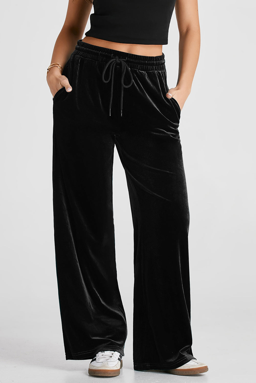 Evergreen Solid Drawstring Waist Wide Leg Pants