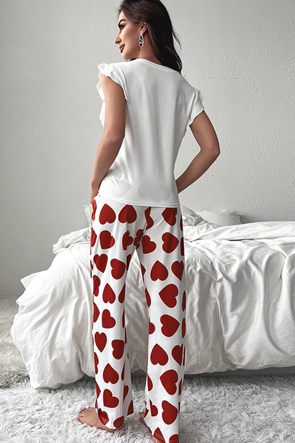 Red Heart Print Ruffle Sleeveless Top and Pants Valentines Pajama Set