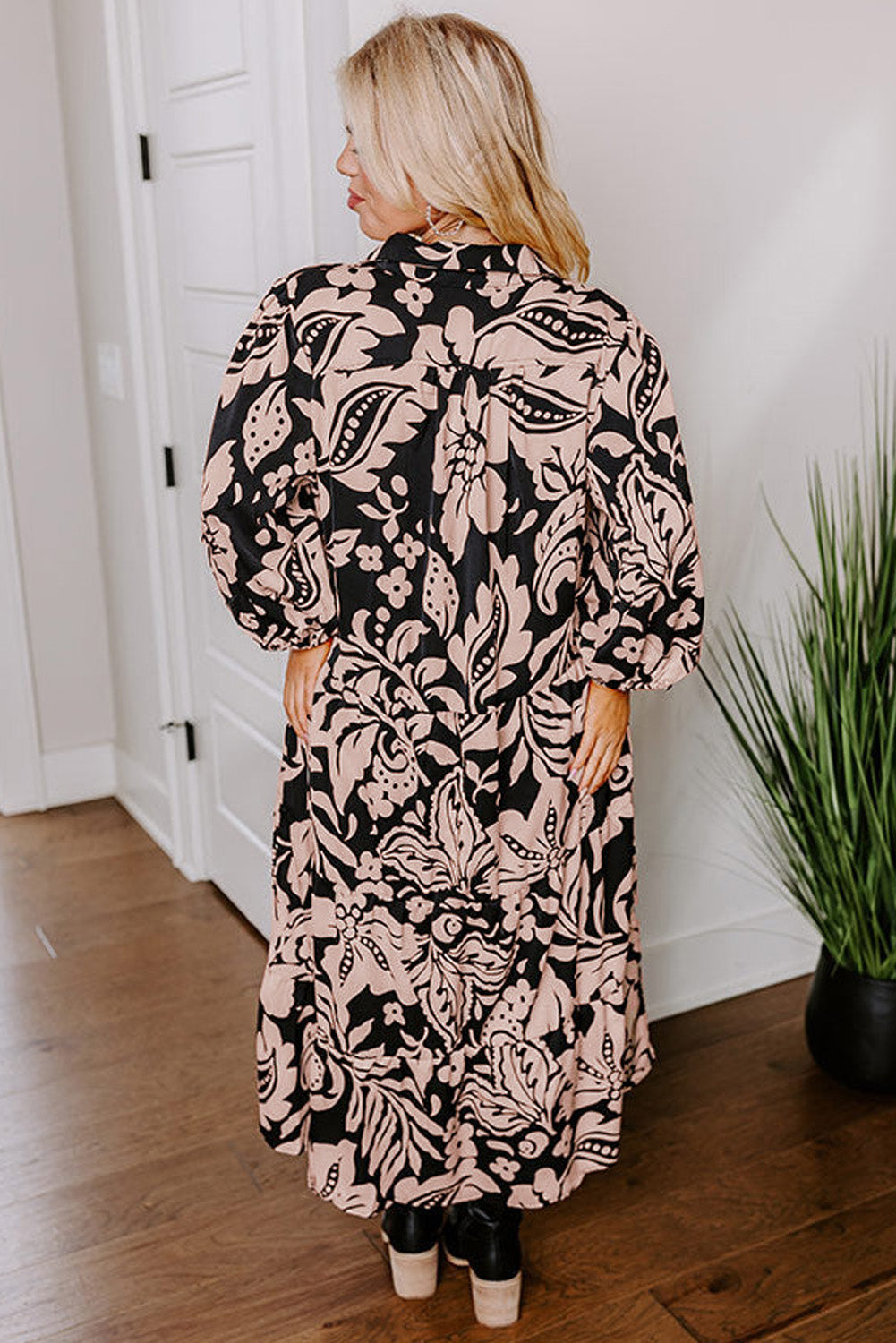 Black Floral Print Puff Sleeve Collared Plus Size Dress