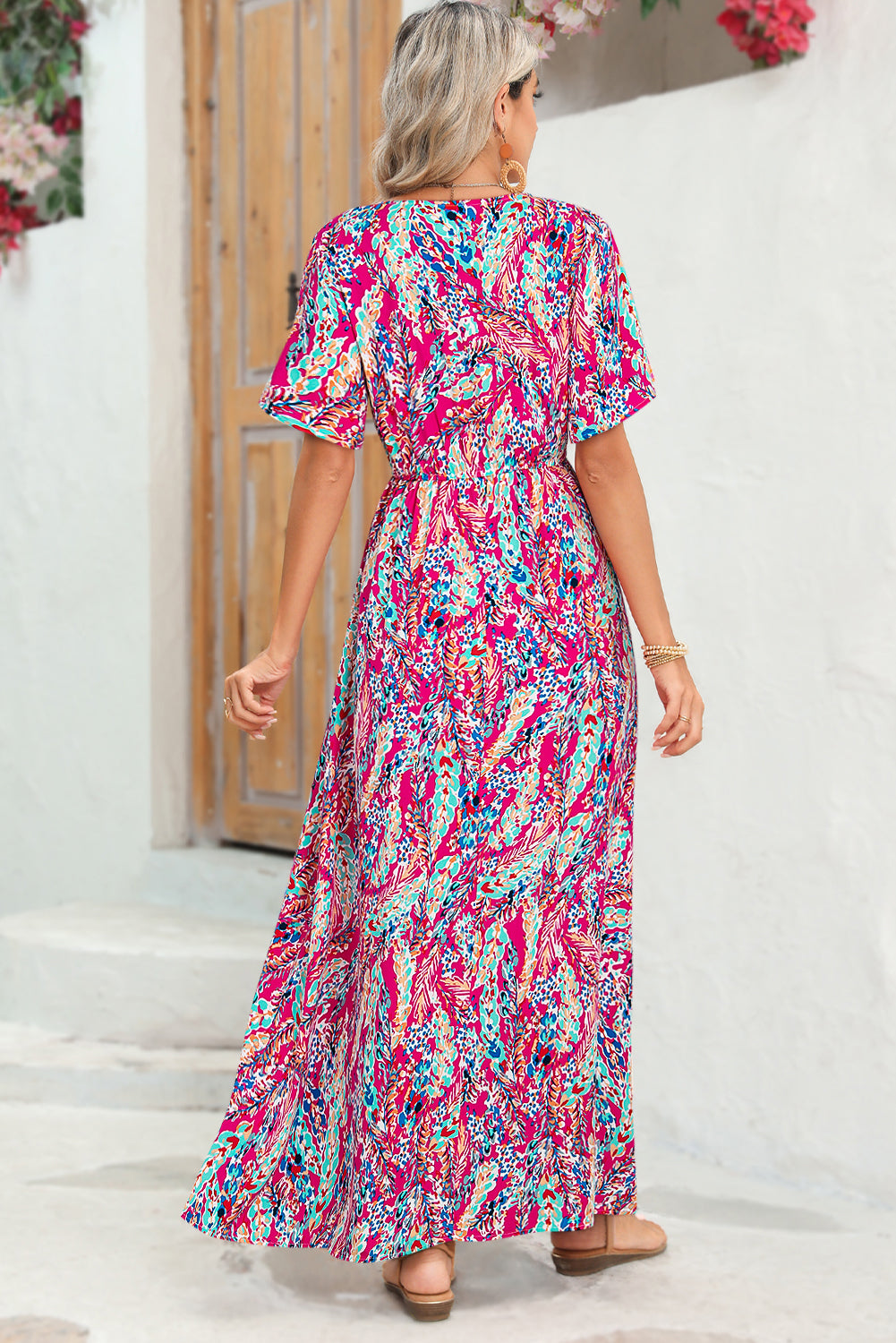 Abstract Print Wrap V Neck Flutter Sleeve Mid Length Dress