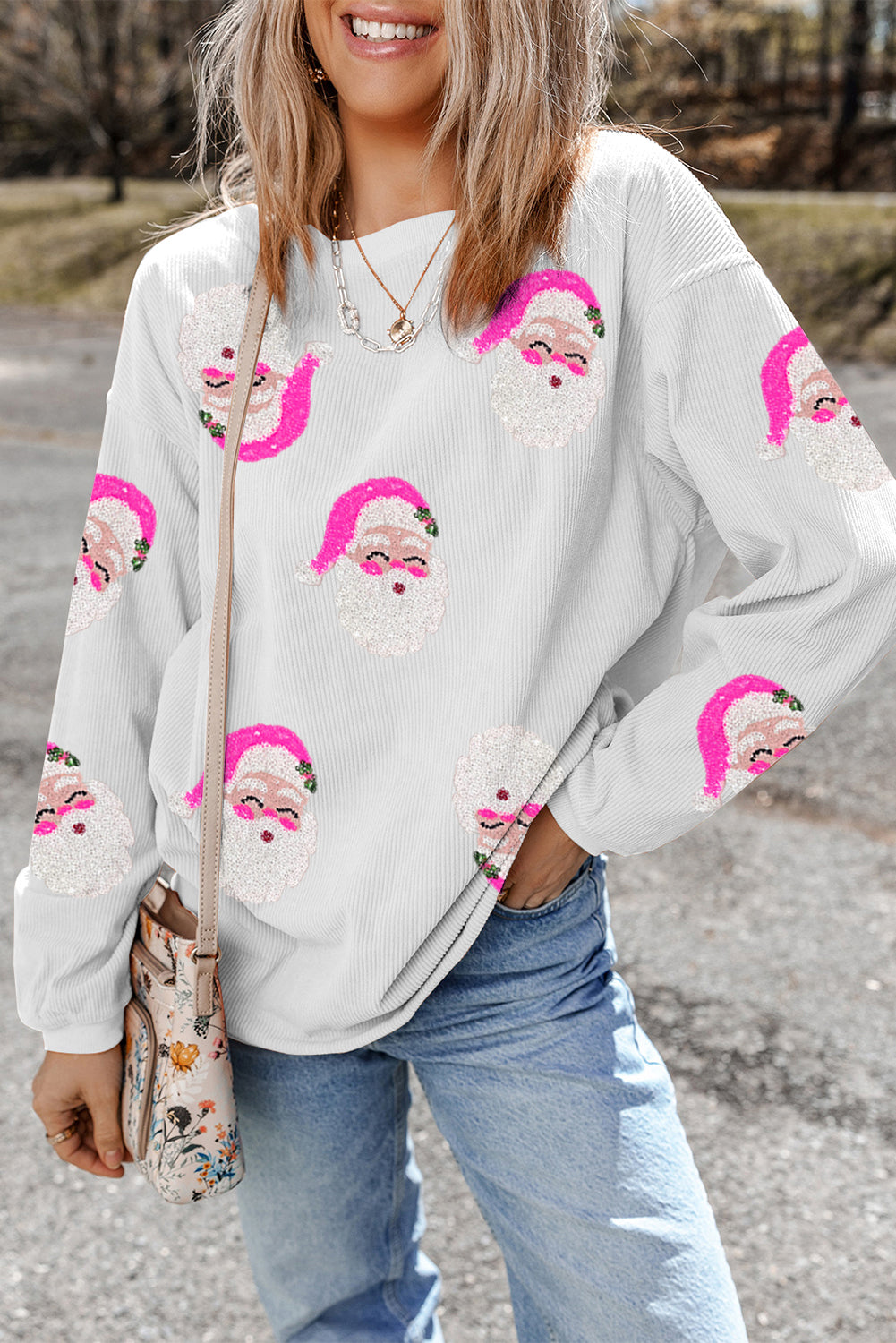 White Sequin Santa Claus Ribbed Oversized Graphic Sweatshirt