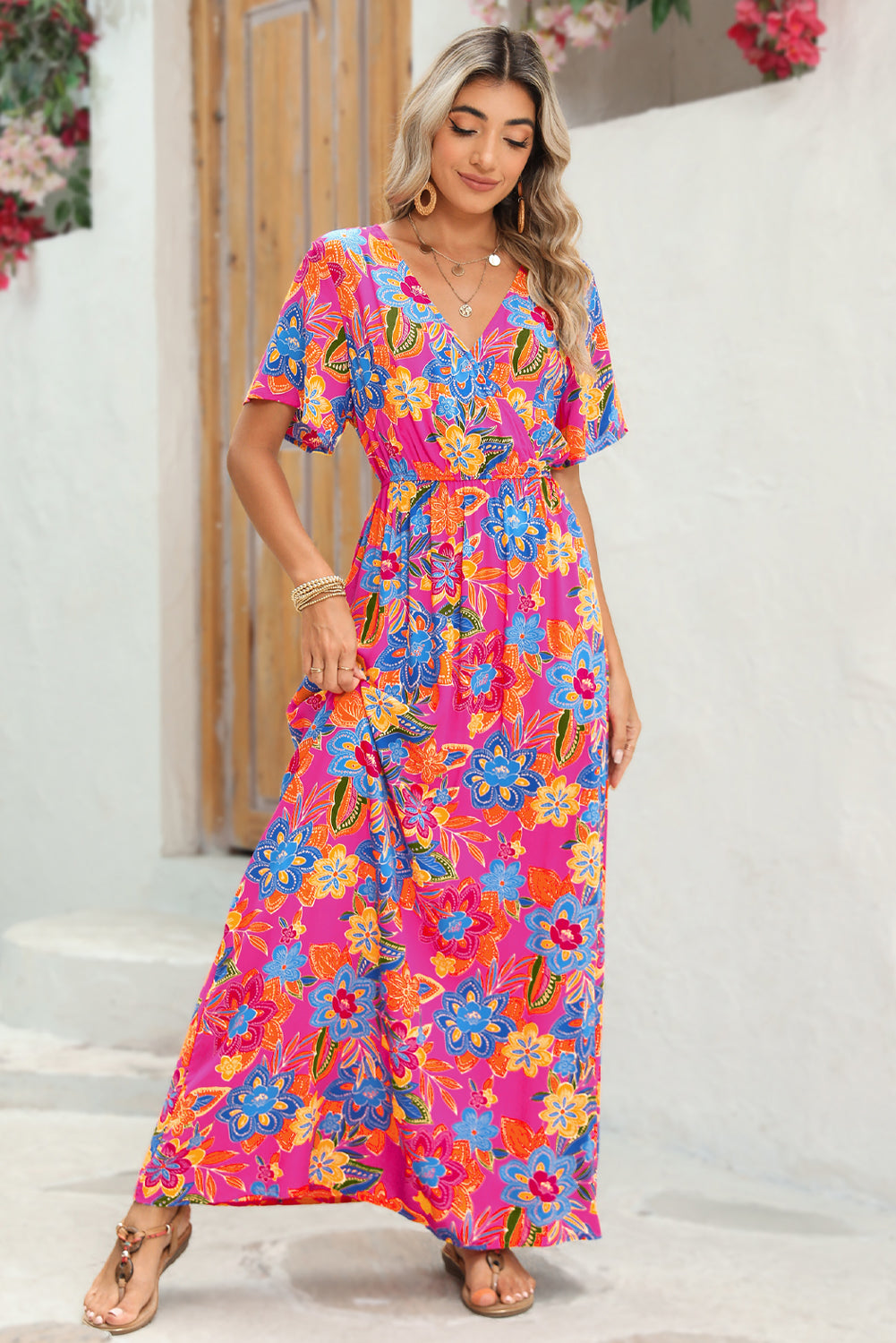 Abstract Print Wrap V Neck Flutter Sleeve Mid Length Dress