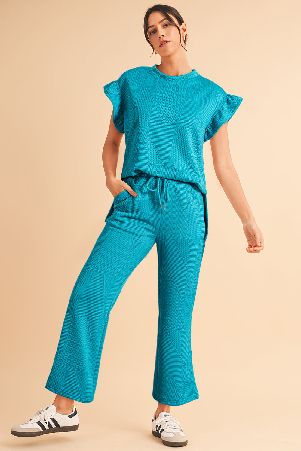 Dark Green Textured Ruffle Summer Top and Drawstring Pants Set