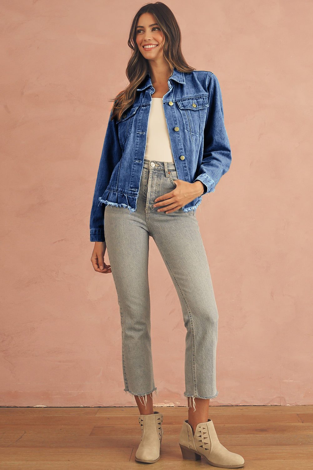 Beau Blue Ruffle Raw Hem Flap Pockets Denim Jacket