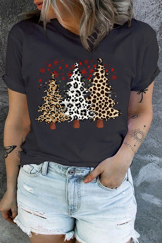 Black Leopard Christmas Tree Printed Plus Size Tee