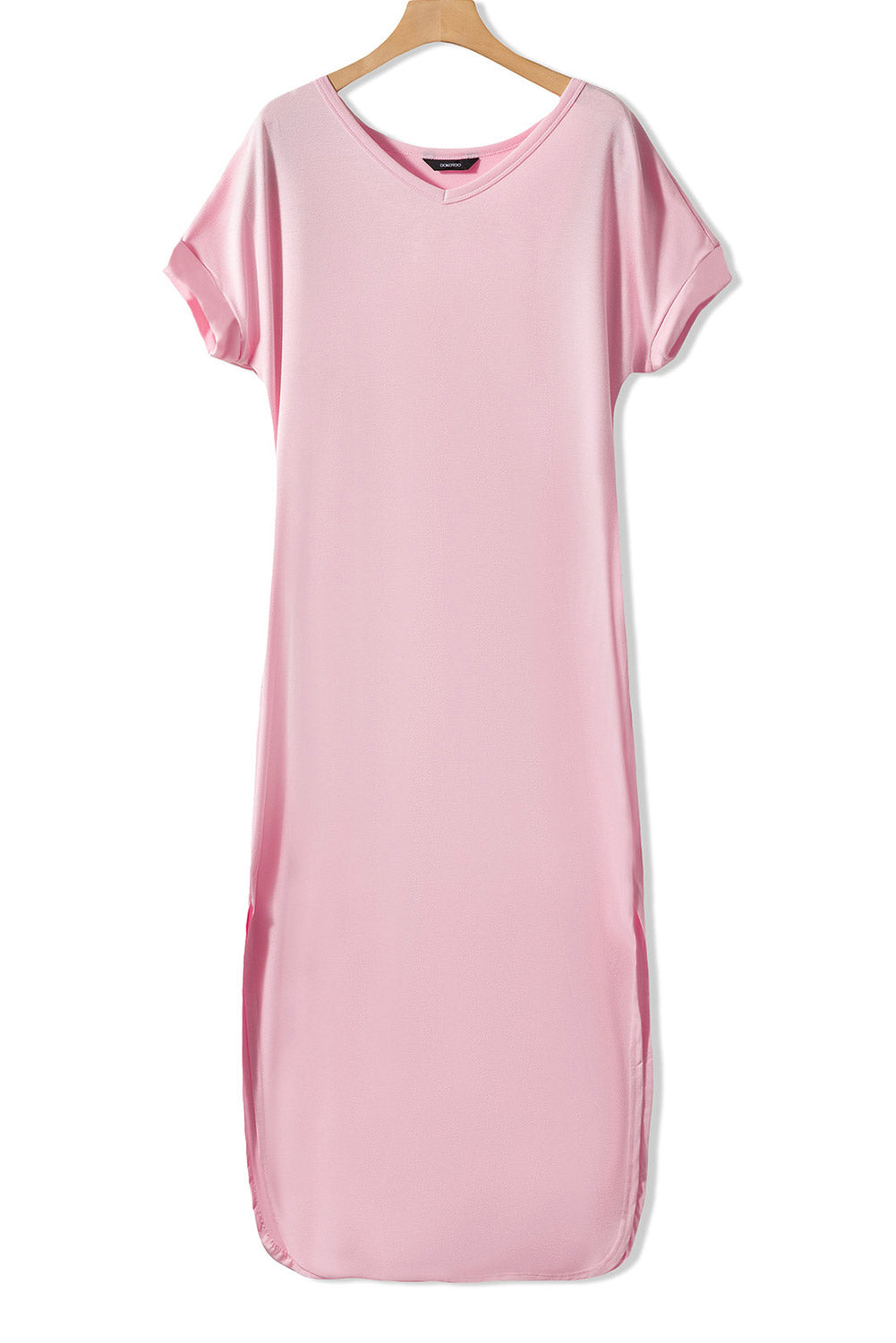 Pink Solid Color Hidden Pocket V Neck Slit Maxi Dress