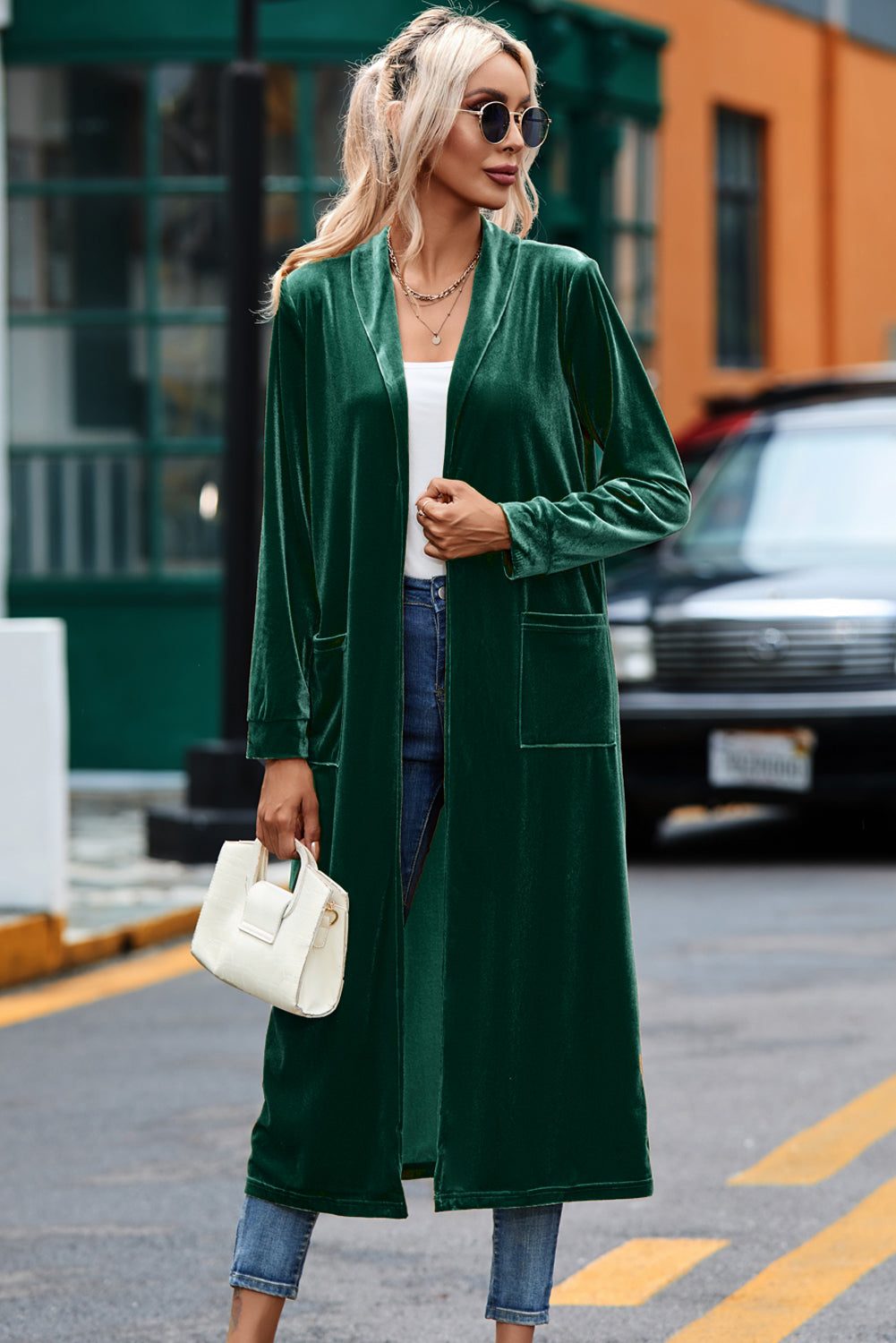 Green Velvet Elegant Pocket Open Front Long Cardigan