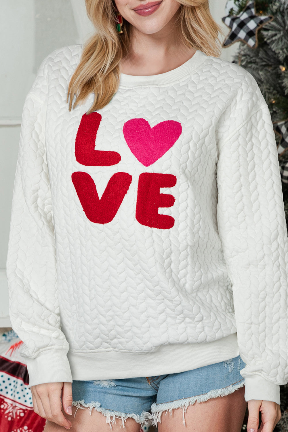 White Merry and Bright Quilted Sweatshirt