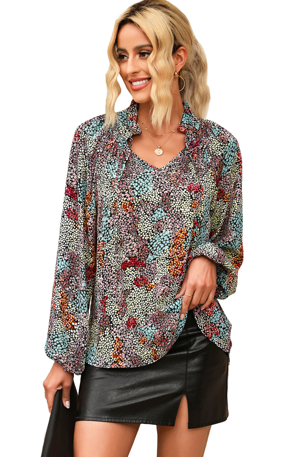 Multicolor Floral Boho V Neck Bishop Sleeve Blouse