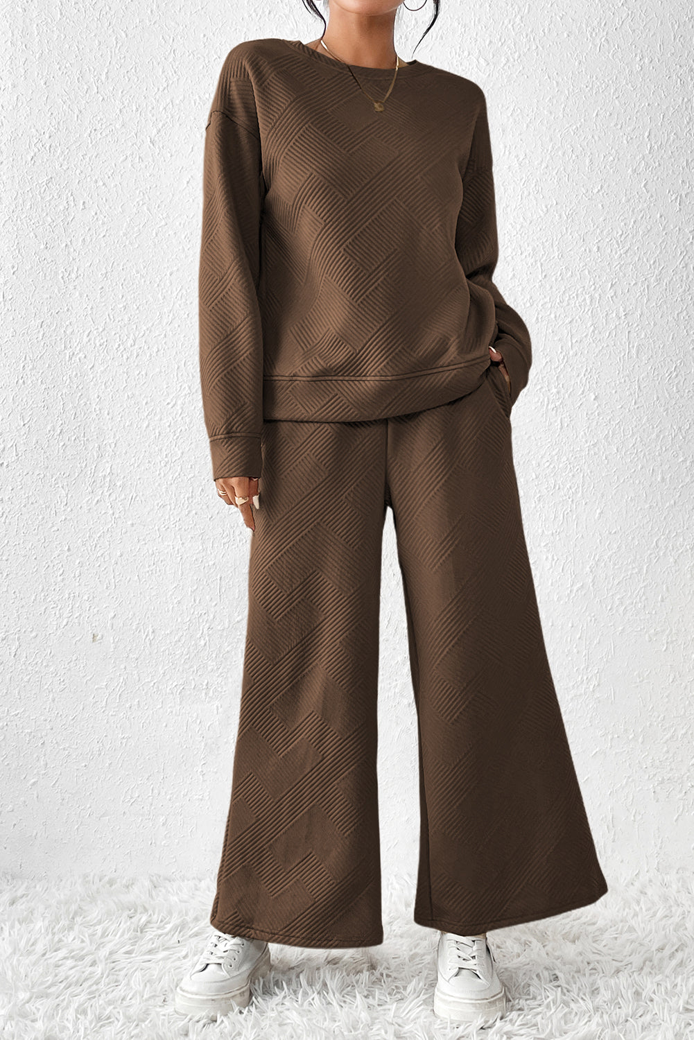 Grass Green Textured Loose Slouchy Long Sleeve Top and Pants Set