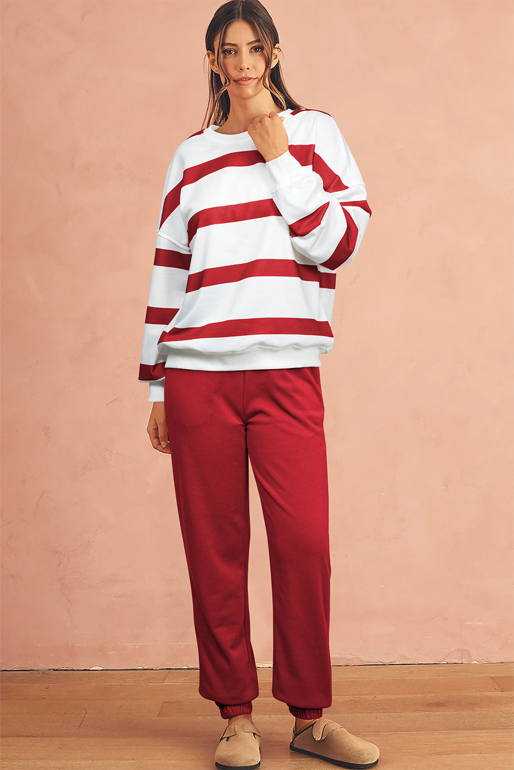 Red Striped Drop Shoulder Pullover and Joggers Set