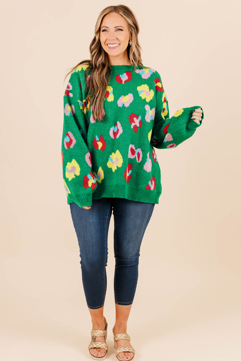 Green Plus Size Floral Knitted Drop Shoulder Sweater