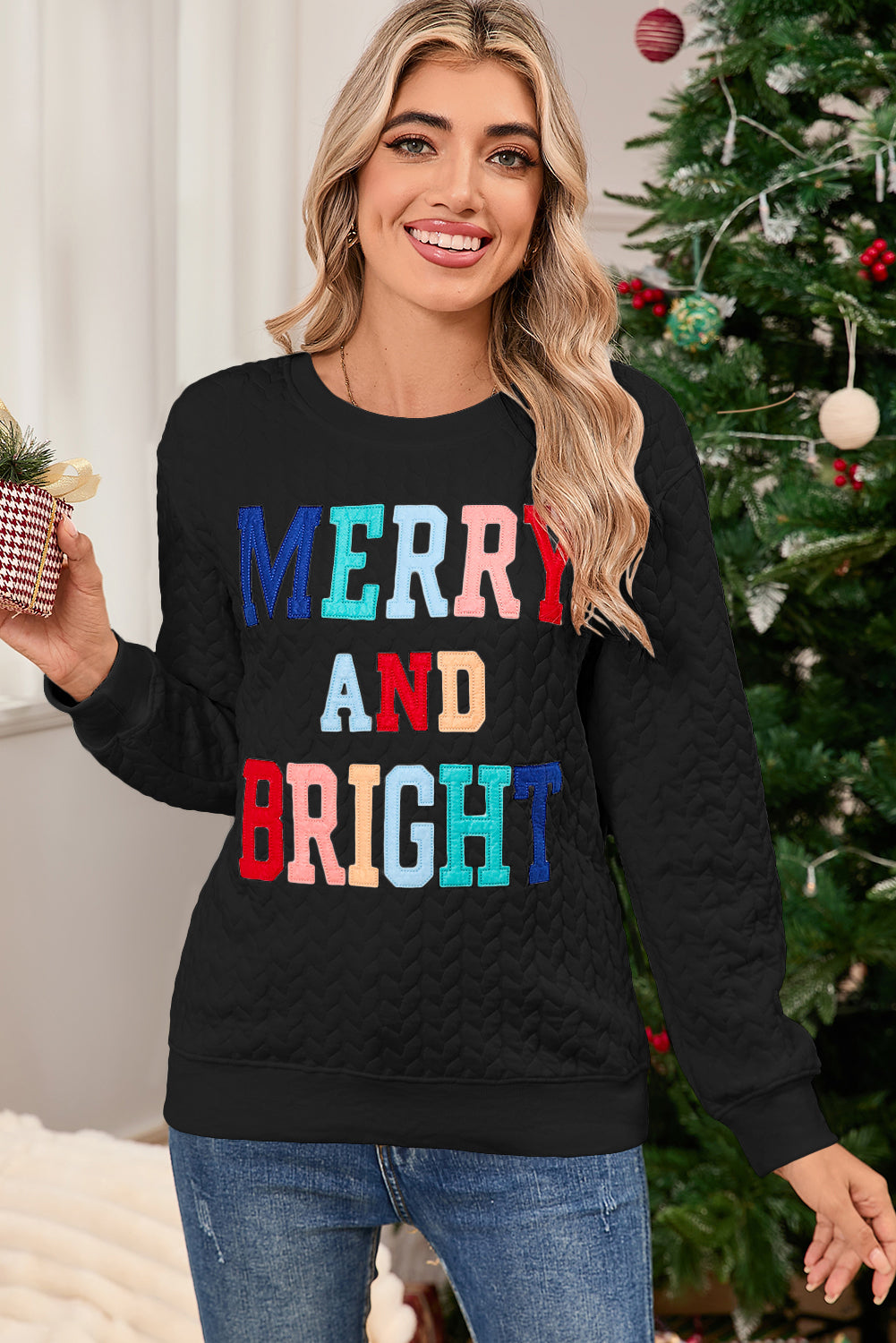 White Merry and Bright Quilted Sweatshirt