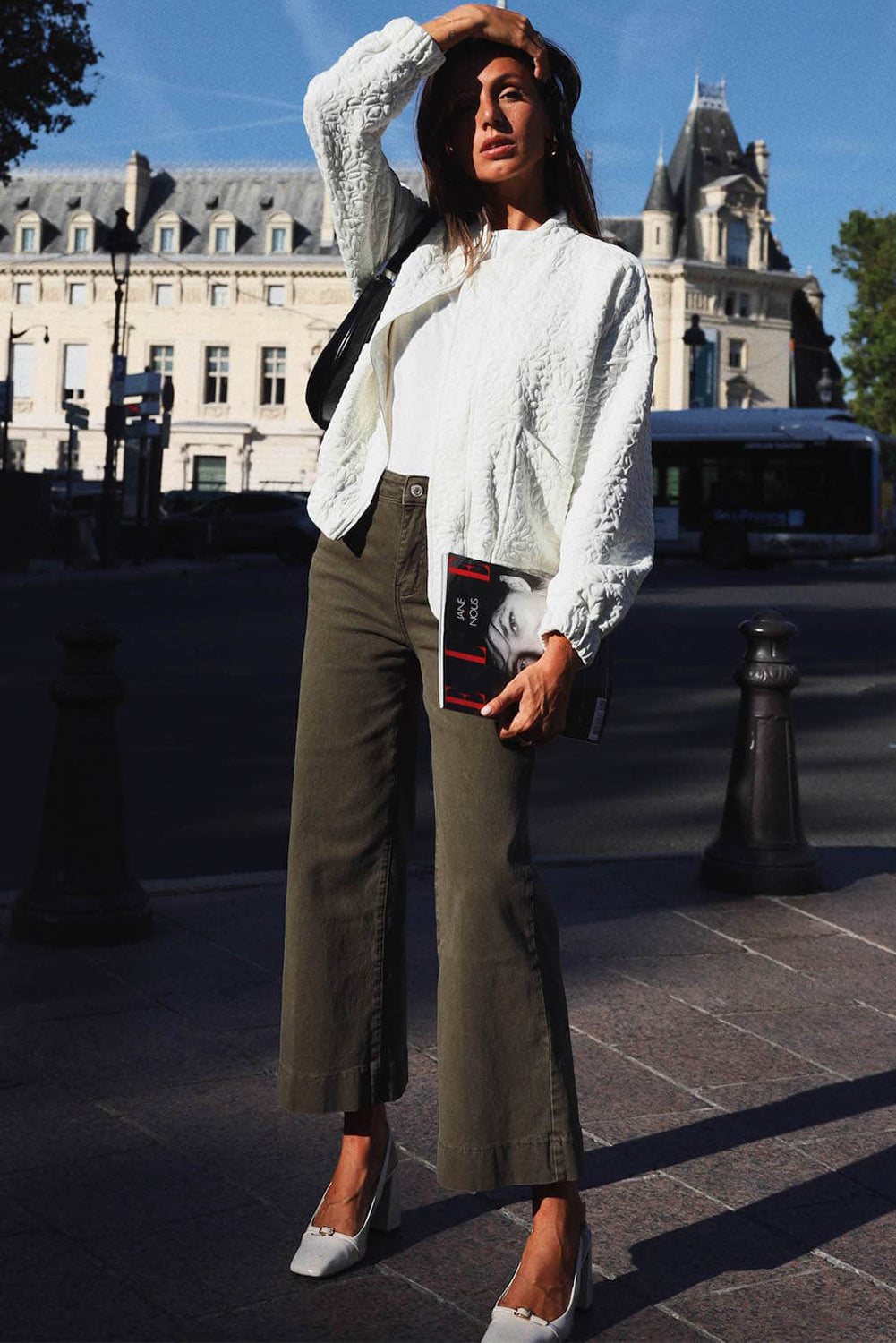 Light French Beige Plain Floral Embossed Zip Up Jacket