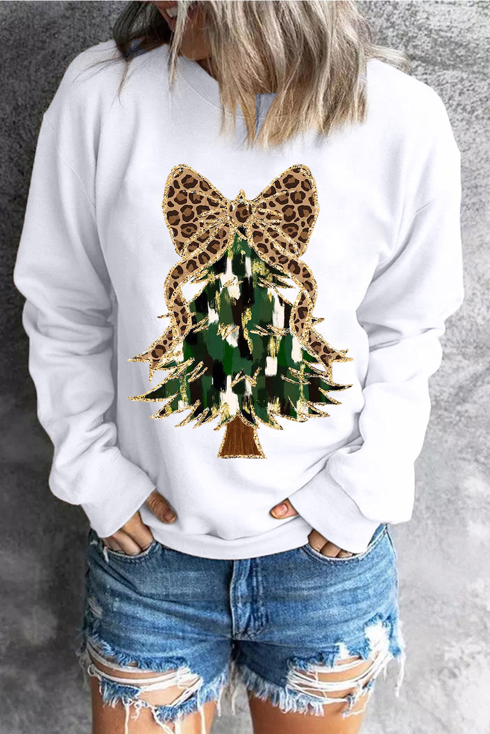 Beige Glittering Leopard Bow Christmas Tree Graphic Pullover Sweatshirt