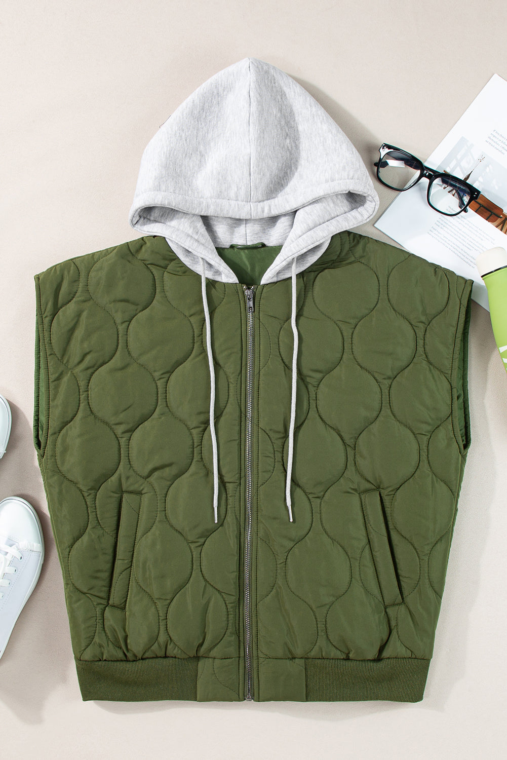 Jungle Green Quilted Drawstring Hooded Zip Up Puffer Vest