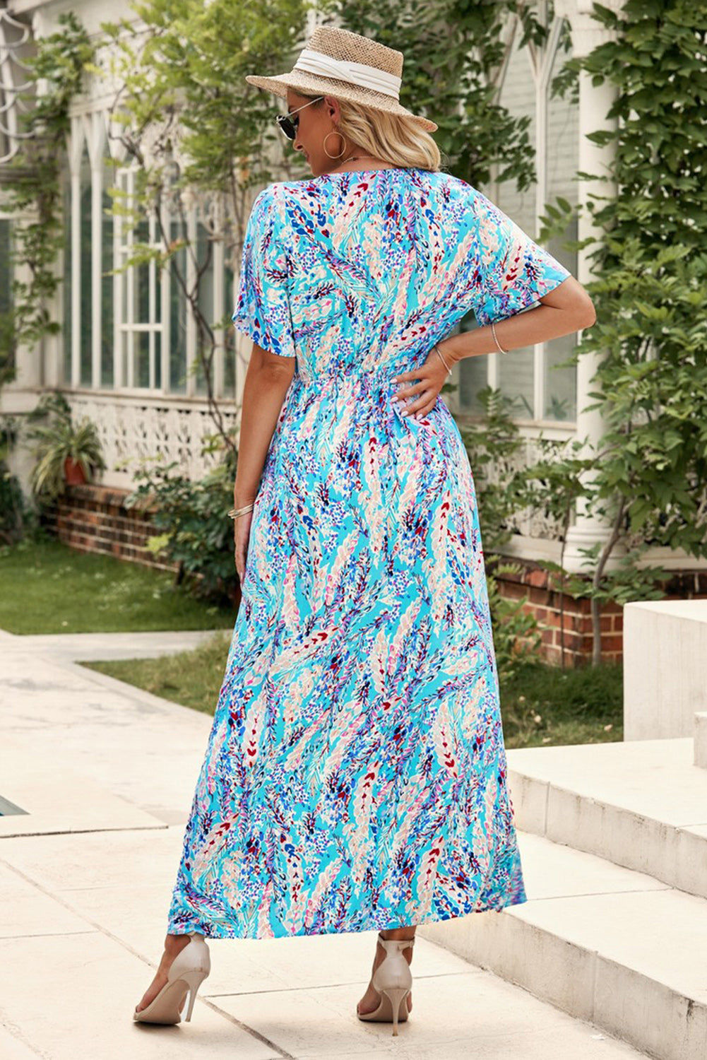 Abstract Print Wrap V Neck Flutter Sleeve Mid Length Dress