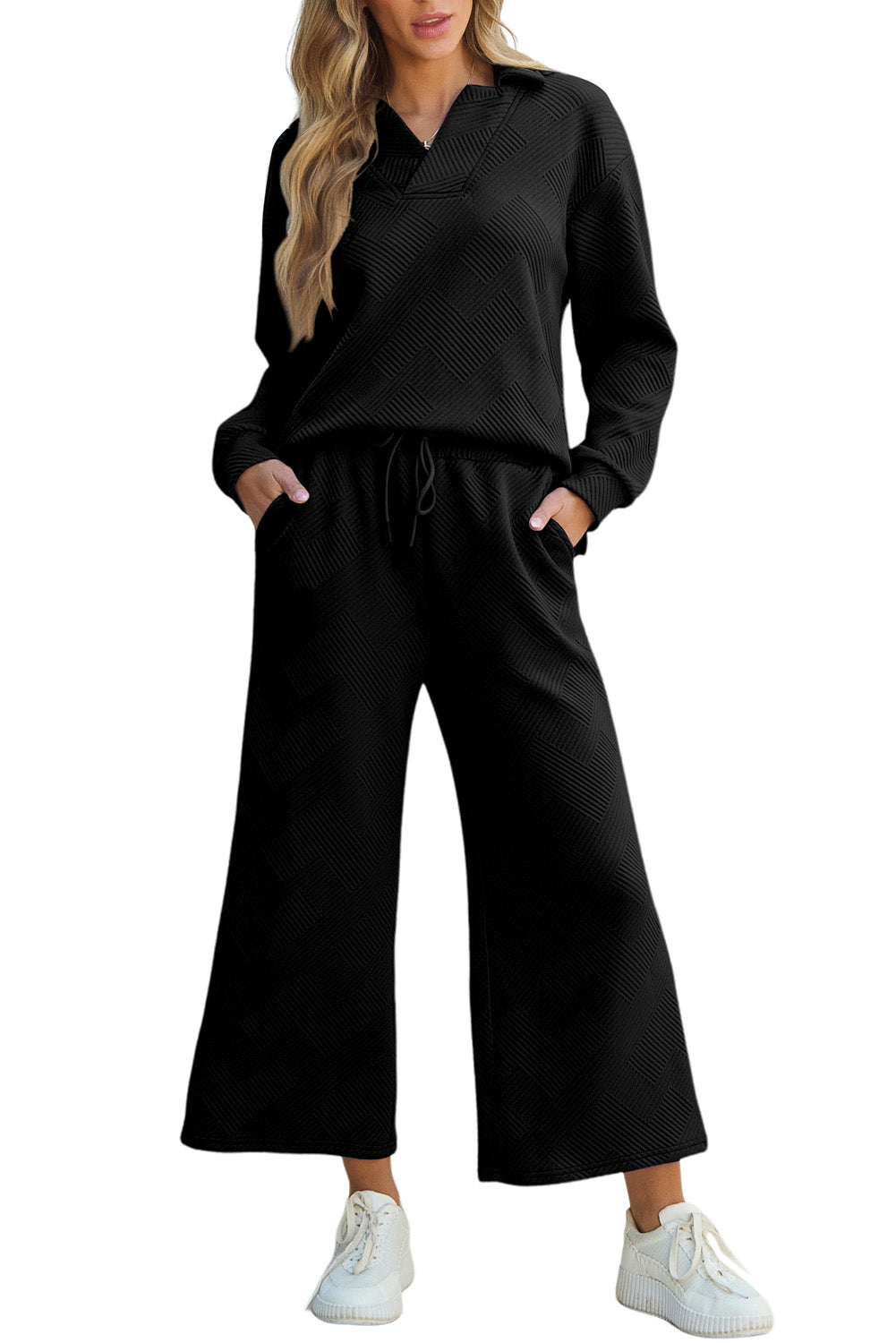 Black Plain Textured Collared V Neck Top and Wide Leg Pants Set