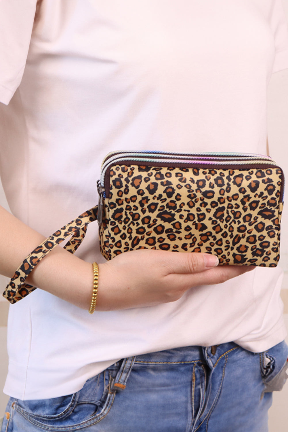 Brown Leopard Print PU Leather Wristlet Zipper Wallet