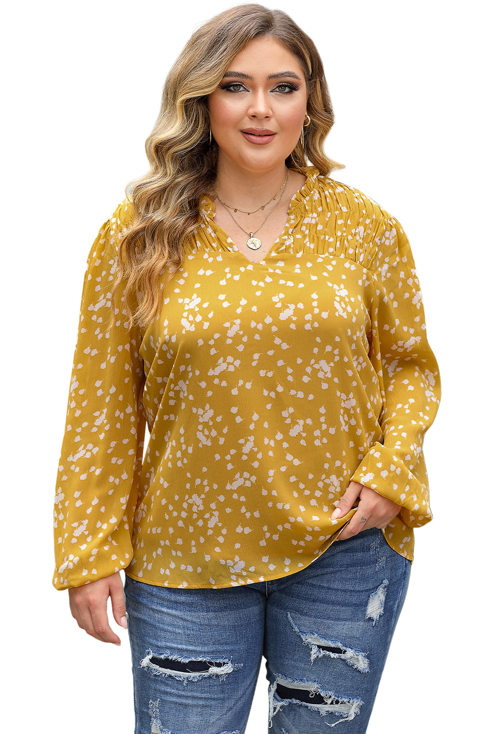 Yellow Printed Split Neck Shirred Bubble Sleeve Blouse