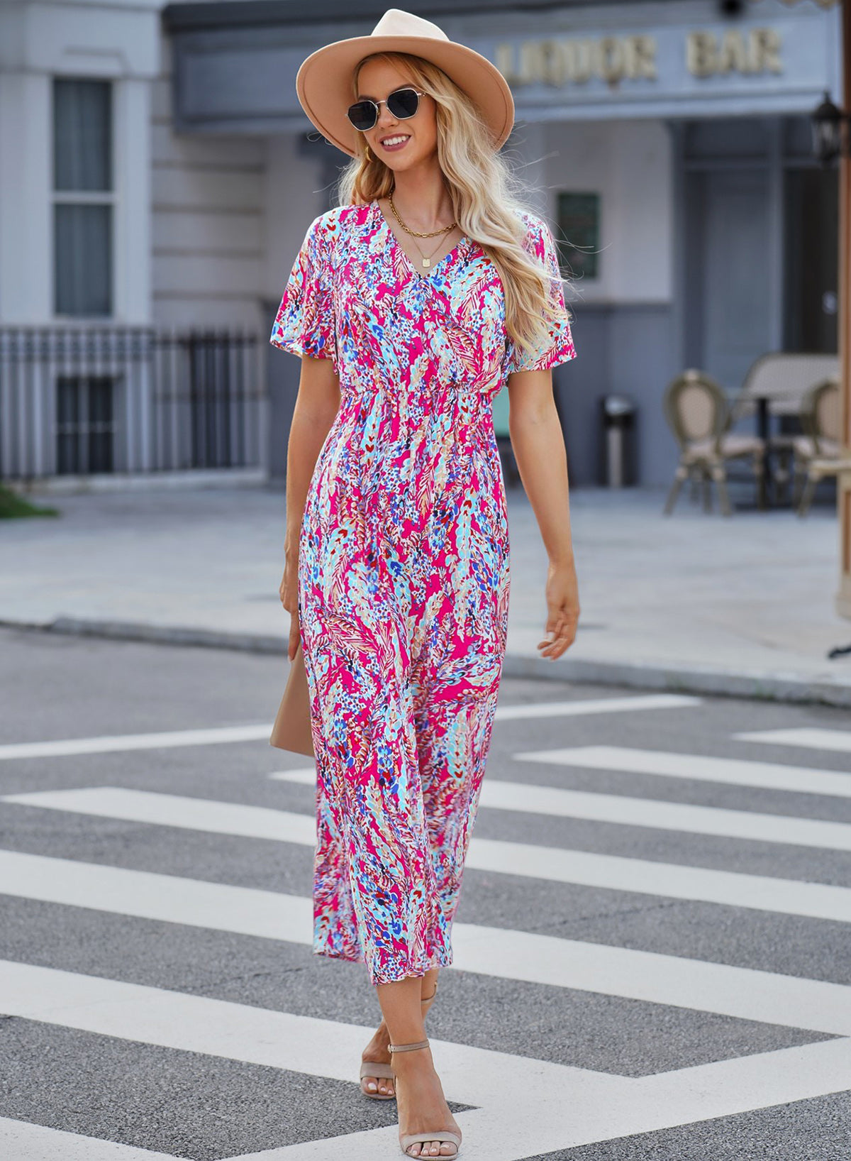 Abstract Print Wrap V Neck Flutter Sleeve Mid Length Dress