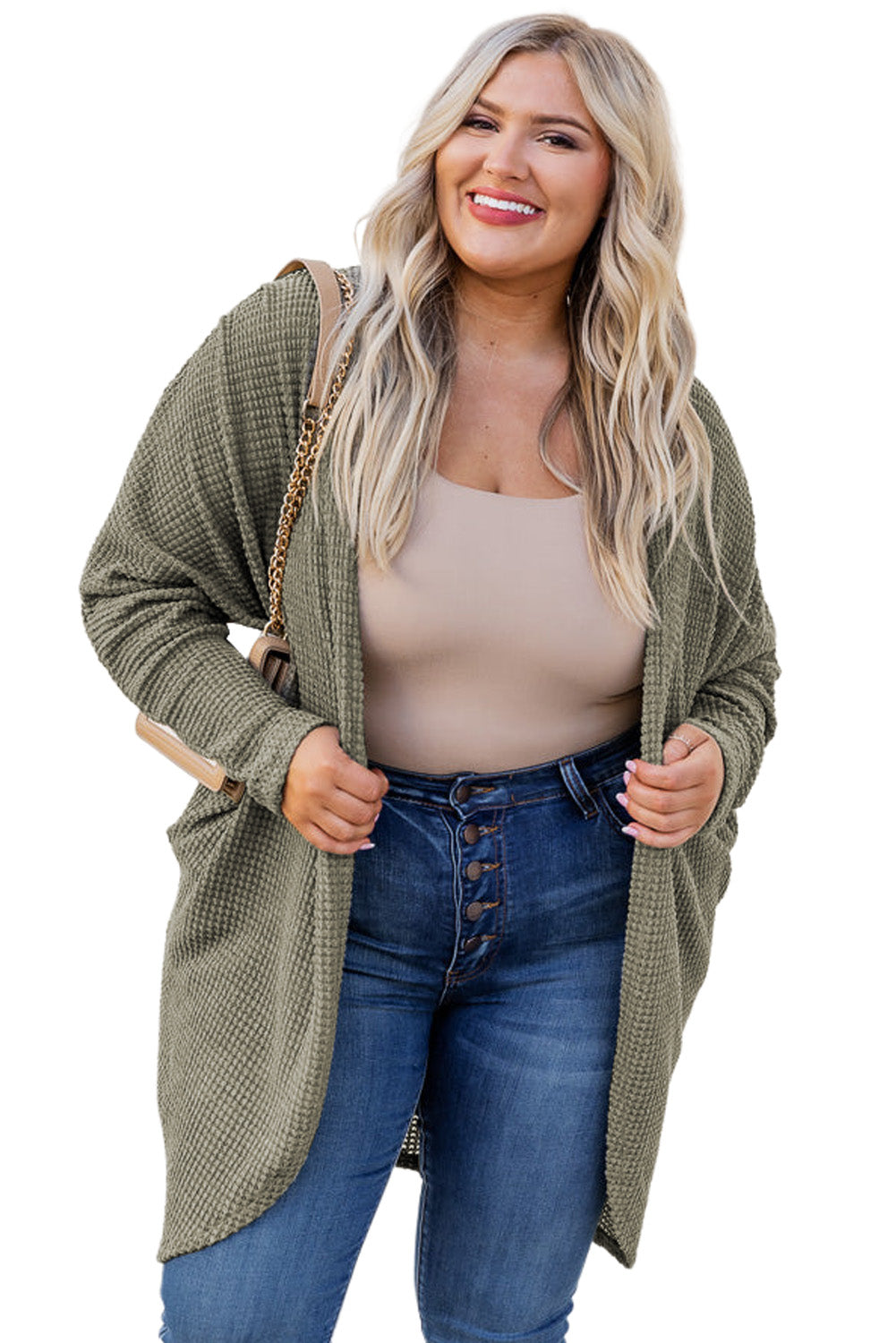 Seagrass Waffle Knit Drop Shoulder Open Front Pocket Plus Size Cardigan