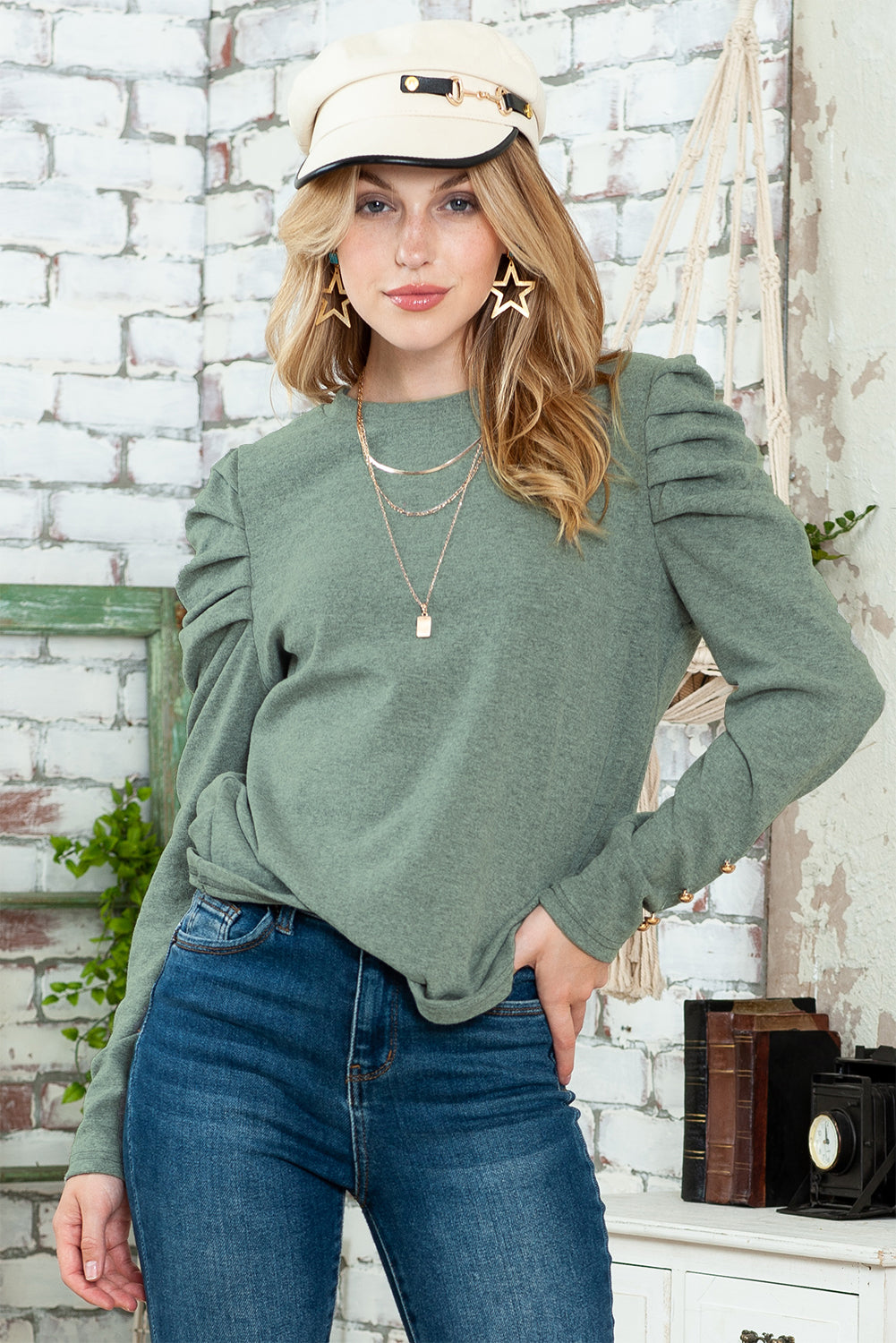 Green Buttoned Puff Long Sleeve Top