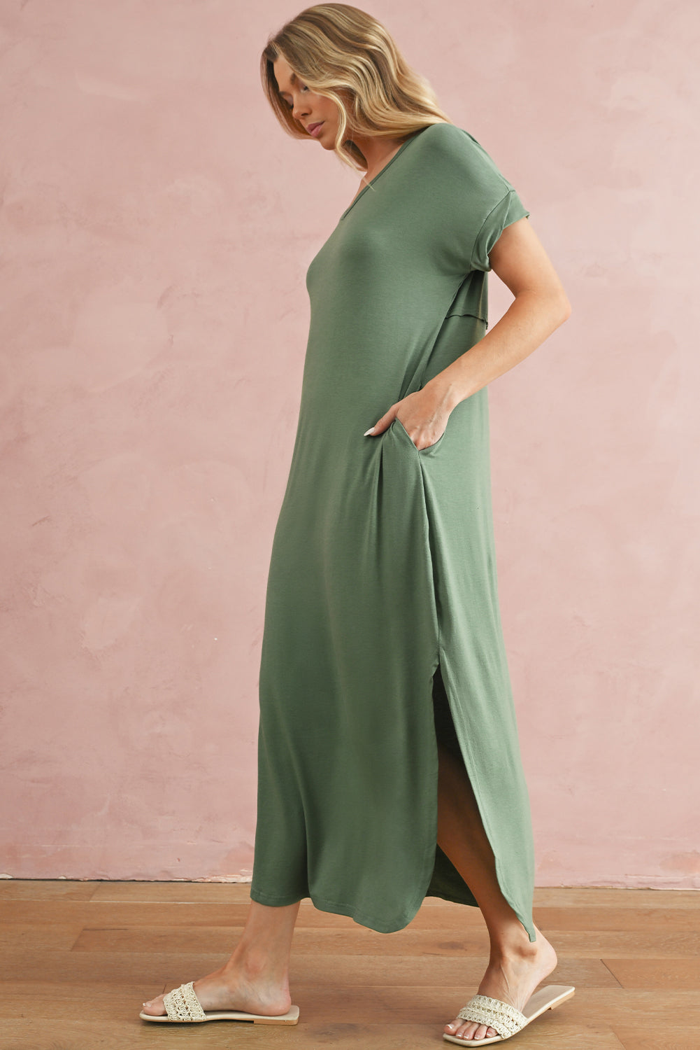 Pink Solid Color Hidden Pocket V Neck Slit Maxi Dress