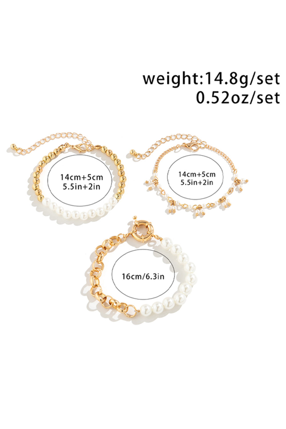 Gold 3pcs Pearl Pleated Alloy Beaded Bracelet Set