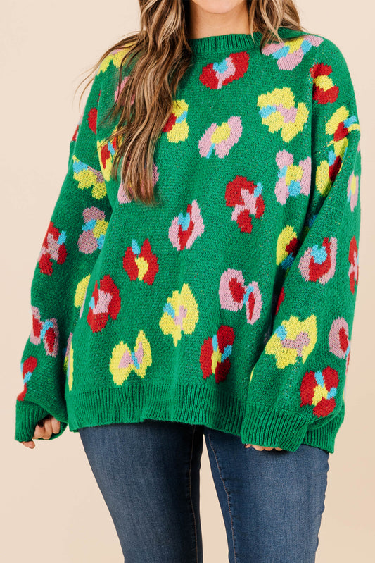 Green Plus Size Floral Knitted Drop Shoulder Sweater