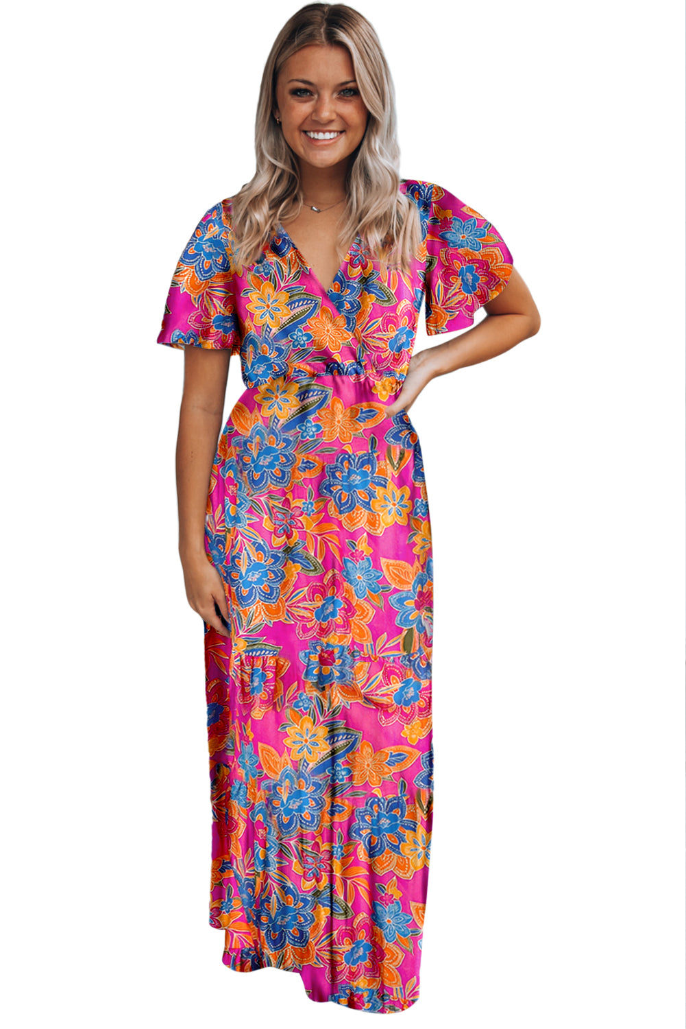 Abstract Print Wrap V Neck Flutter Sleeve Mid Length Dress