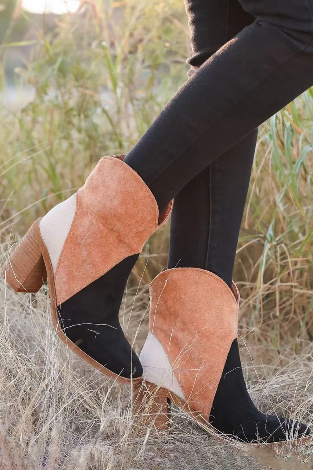 Chestnut Colorblock Suede Heeled Ankle Booties