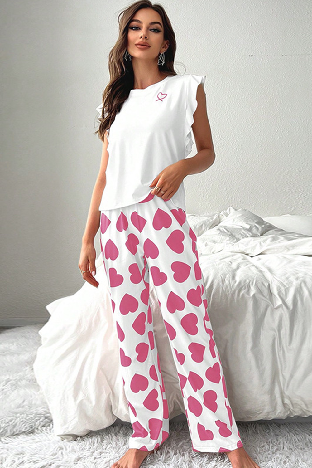 Red Heart Print Ruffle Sleeveless Top and Pants Valentines Pajama Set