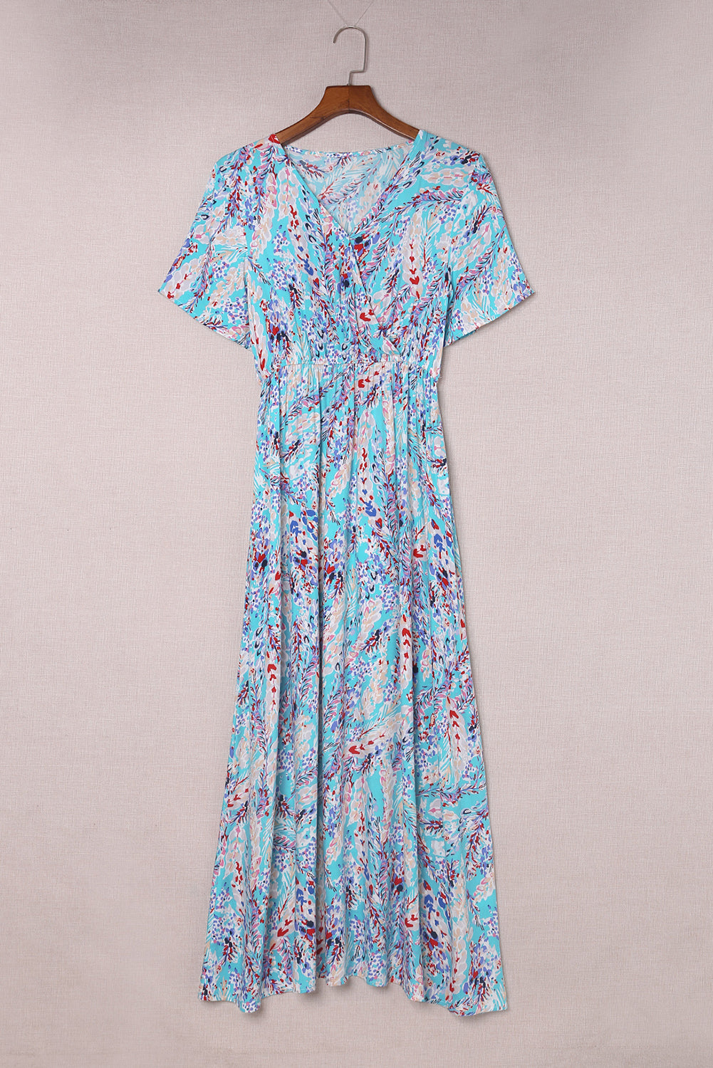 Abstract Print Wrap V Neck Flutter Sleeve Mid Length Dress