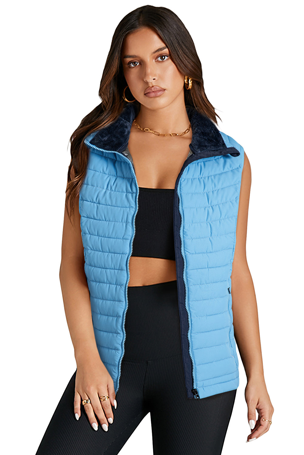 Silvery Plush Collared Quilted Zipped Puffer Vest