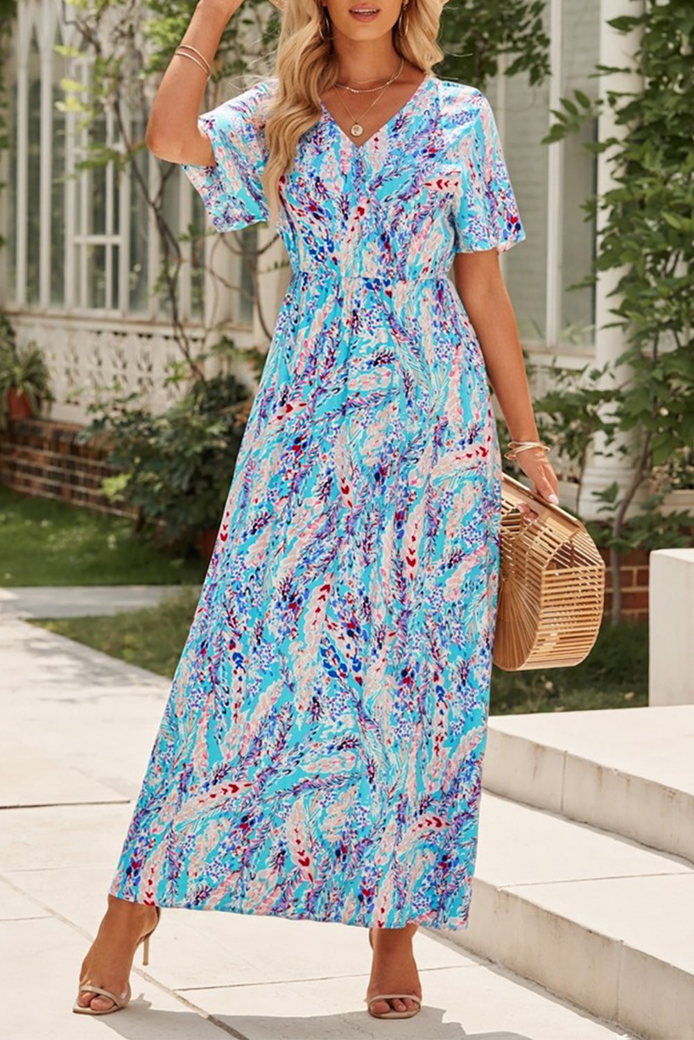 Abstract Print Wrap V Neck Flutter Sleeve Mid Length Dress